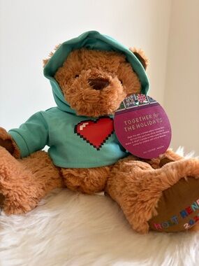 Holt Renfrew Brown Teddy Bear in Teal Hoodie with Red Pixel Heart